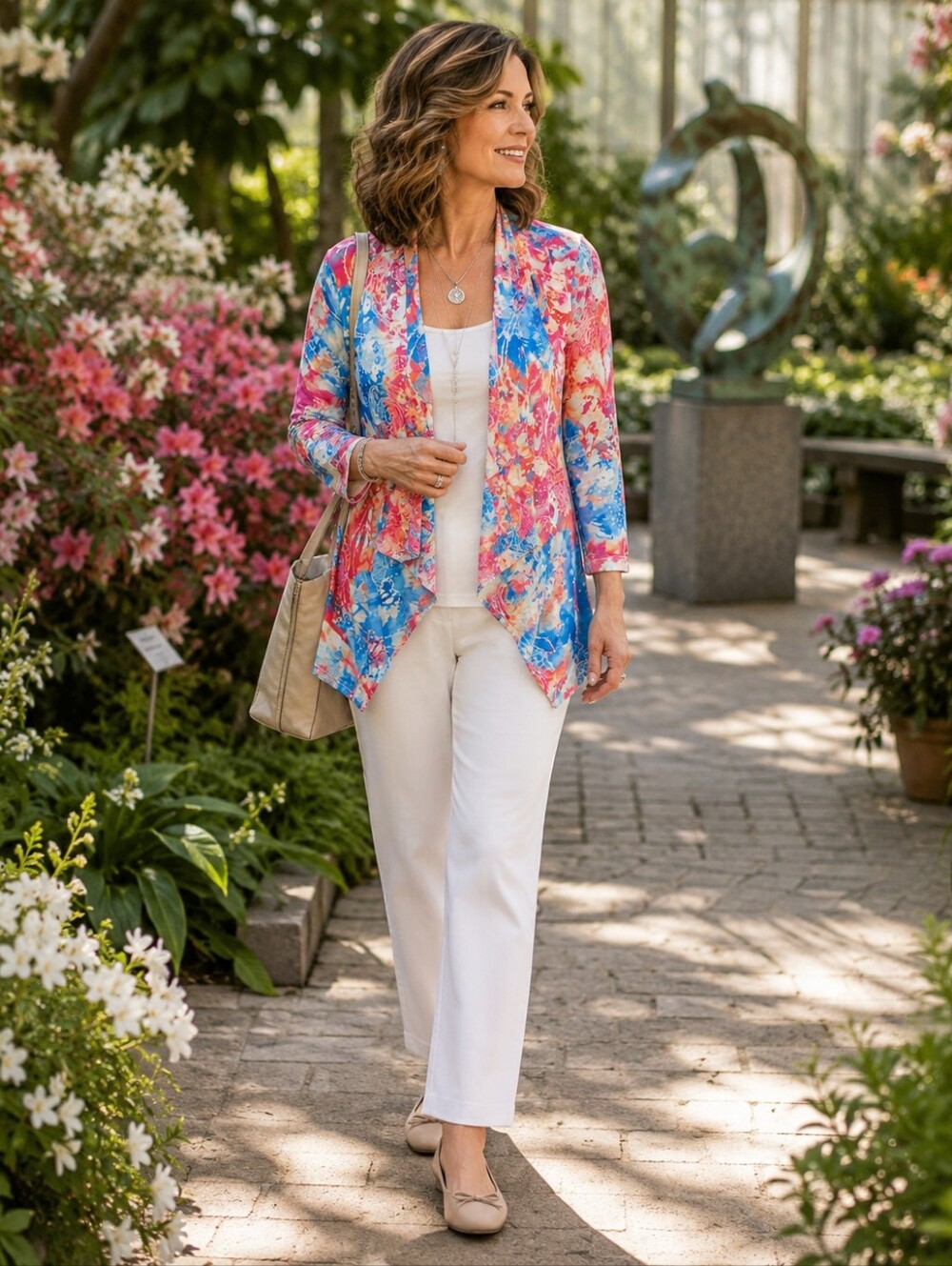 Chico's Size 2 Large 12 Painted Floral Open Front Drape Cardigan Jacket